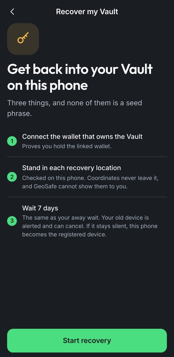 Recovering the Vault on a new phone with recovery places and a wait of up to 14 days