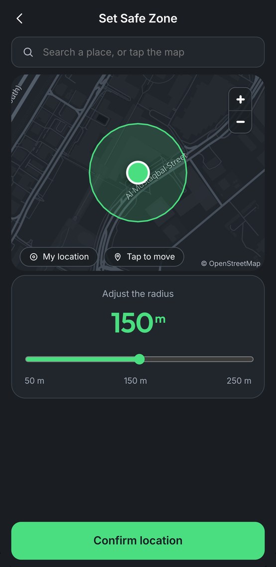 Choosing a Safe Zone in GeoSafe: a pin on the map with a 150 m circle