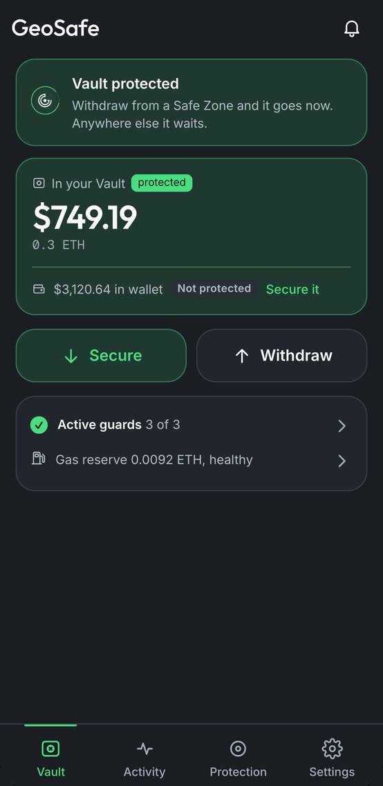 GeoSafe Vault screen showing the protected balance